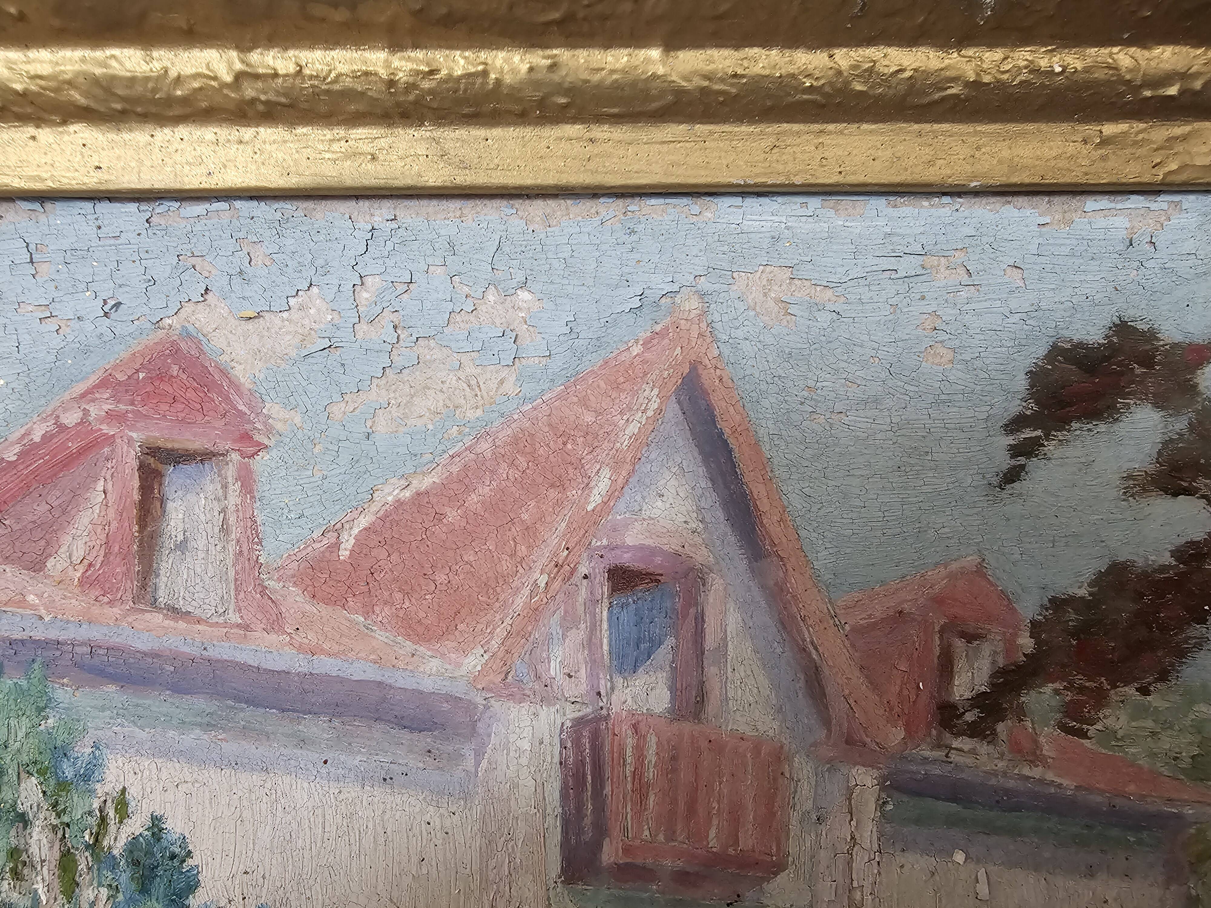 Oil painting on hardboard - Bourgeois house Signed Henri (Missing)