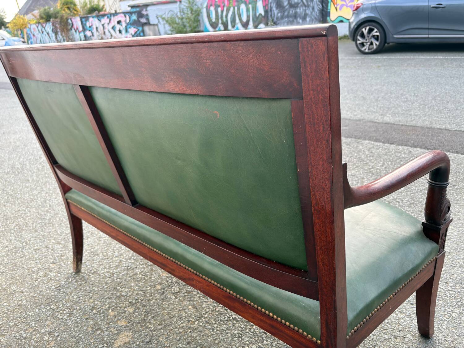 Empire style bench in mahogany and green leather