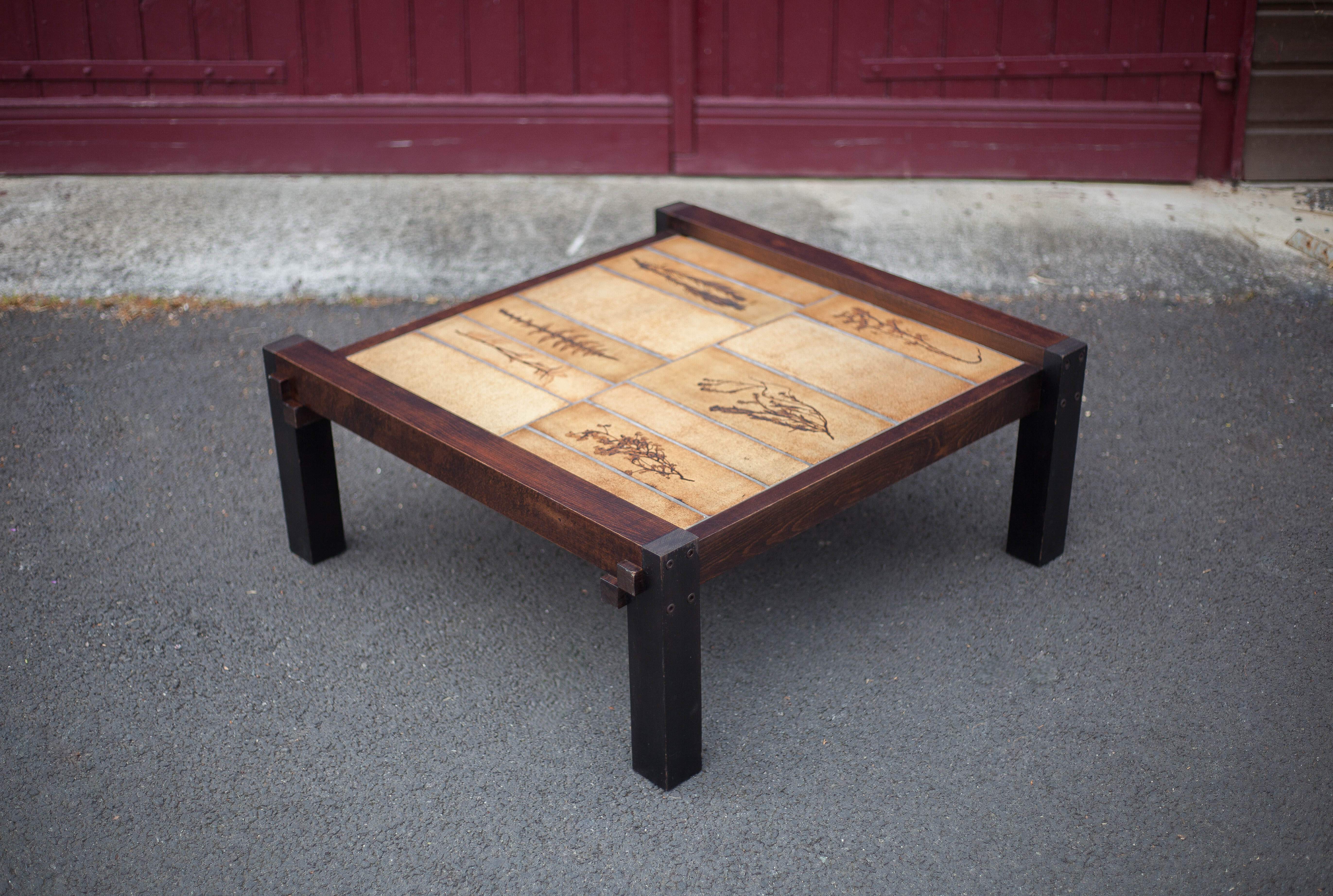 Herbarium ceramic coffee table with wooden structure, capron table, interior decoration