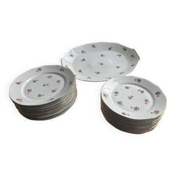 Lot assiettes plates, à dessert et plat ovale, porcelaine AB France