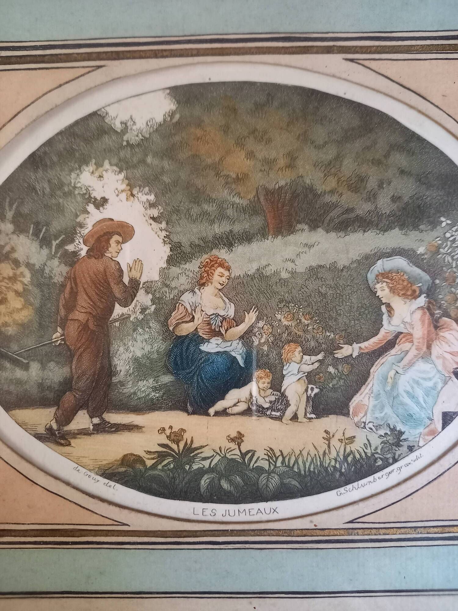 Antique print, country scene, entitled "the twins", engraved by G.Schlumberger (1807-1862)
