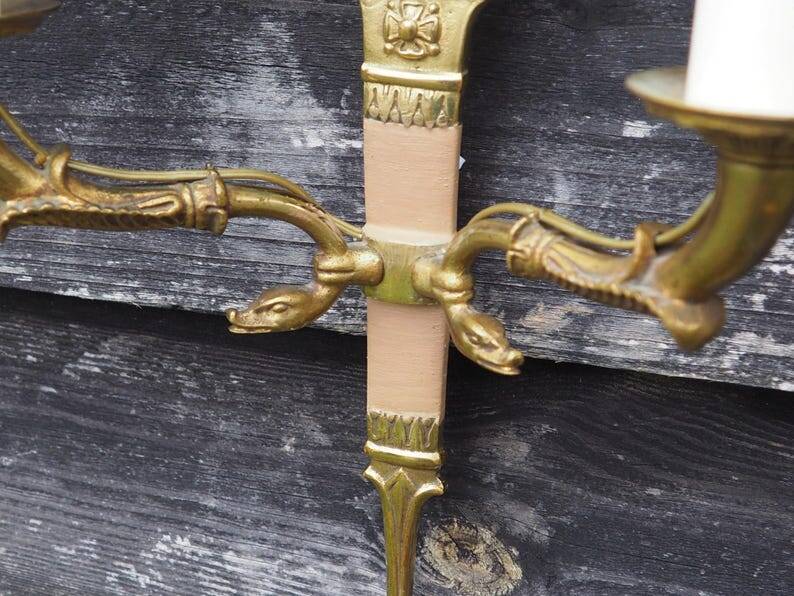 Vintage French Empire Sconces: Gilt Bronze, Salmon Column Double Arm Light
