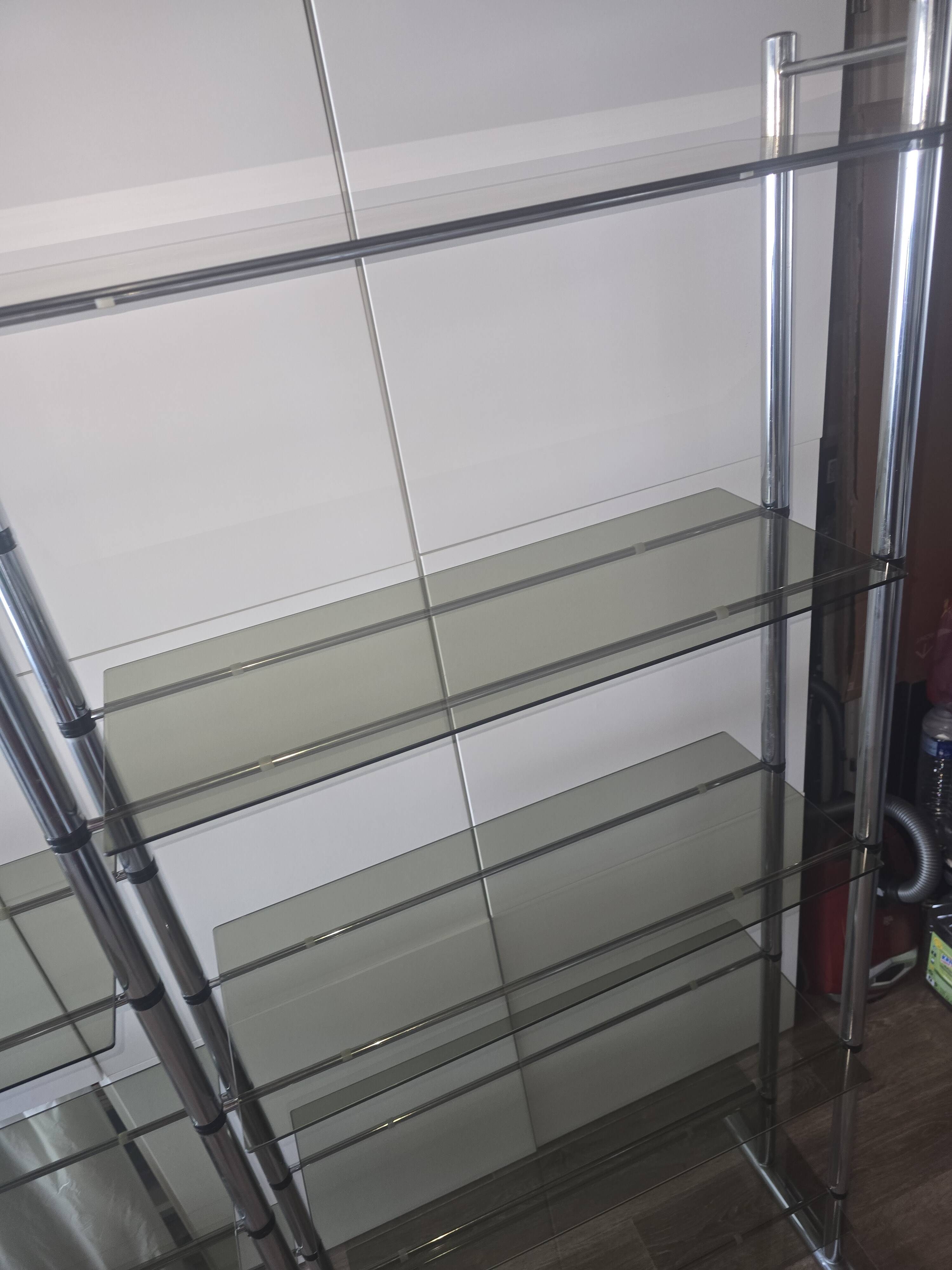 Large vintage double bookshelf from the 70s with chrome and smoked glass.