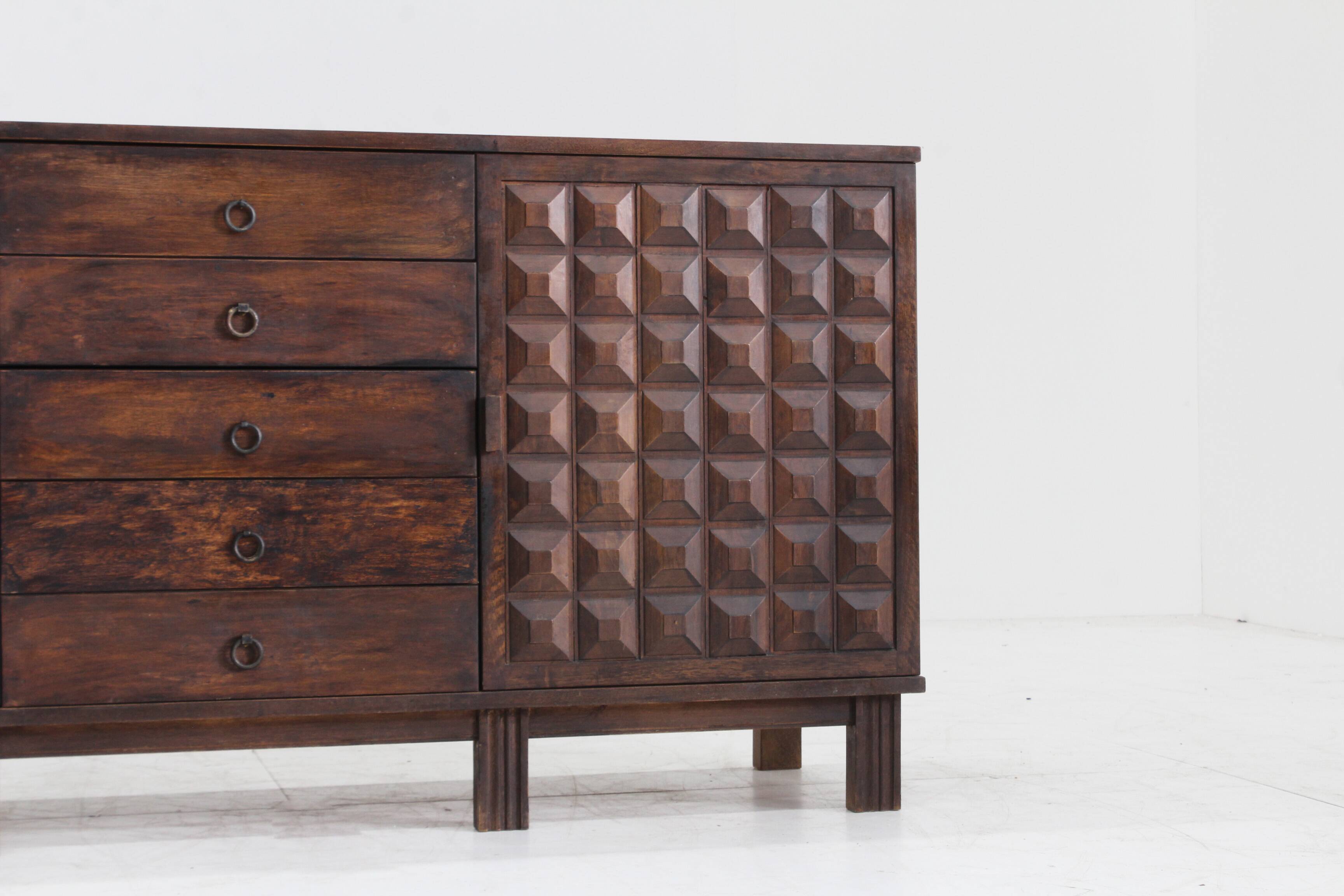 Brutalist Spanish carved sideboard credenza