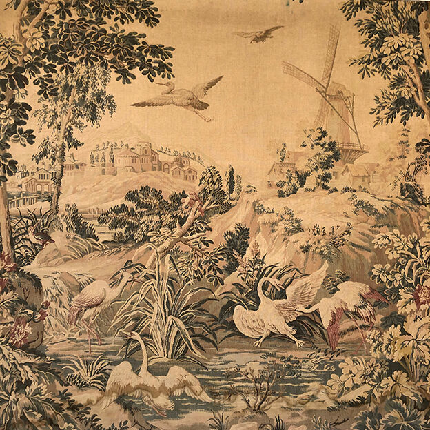 Tapestry decorated with waders, waterfront and greenery
