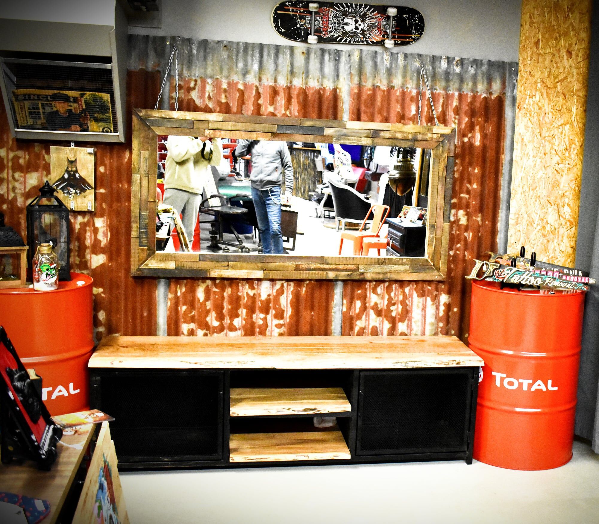 Industrial mirror made from recycled solid exotic wood