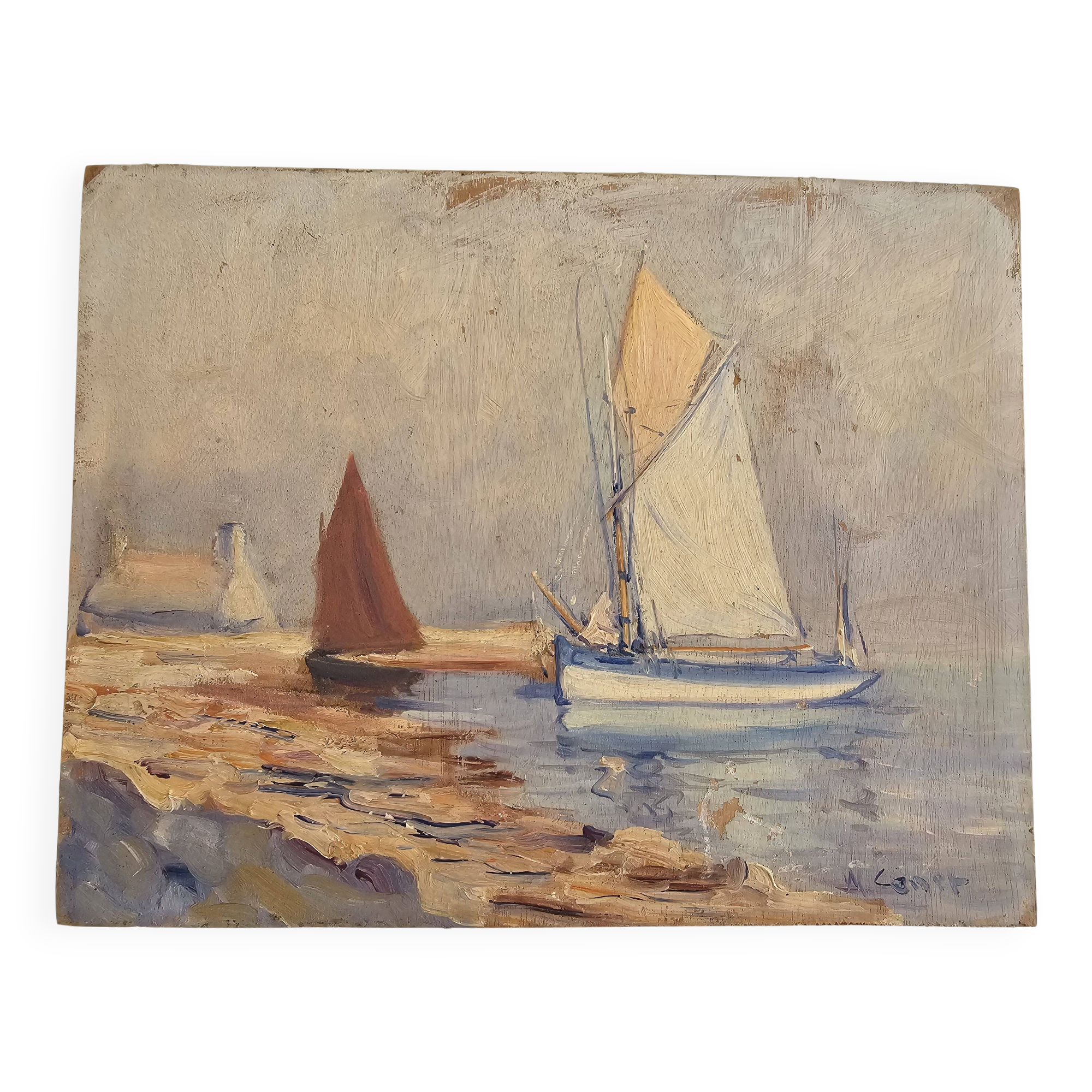 Oil painting on panel of sailing boats near the shore signed marcel canet.