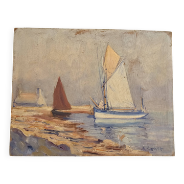 Oil painting on panel of sailing boats near the shore signed marcel canet.