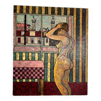 Oil on canvas signed A. Ventoura – Figurative nude, around 1975