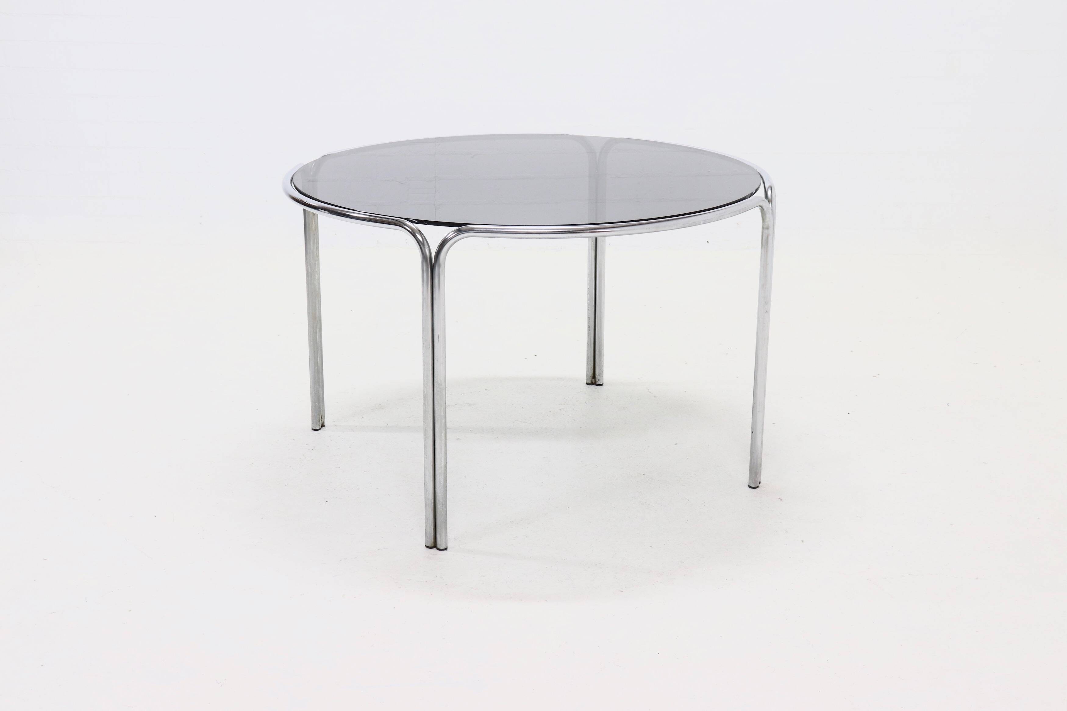 Italian Modern Chrome and Smoked Glass Round Dining Table 1970s