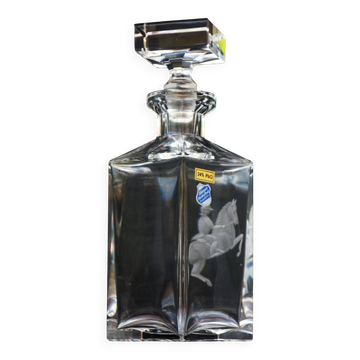 Carafe à whisky carrée vintage du milieu du siècle en cristal au plomb gravé Jockey