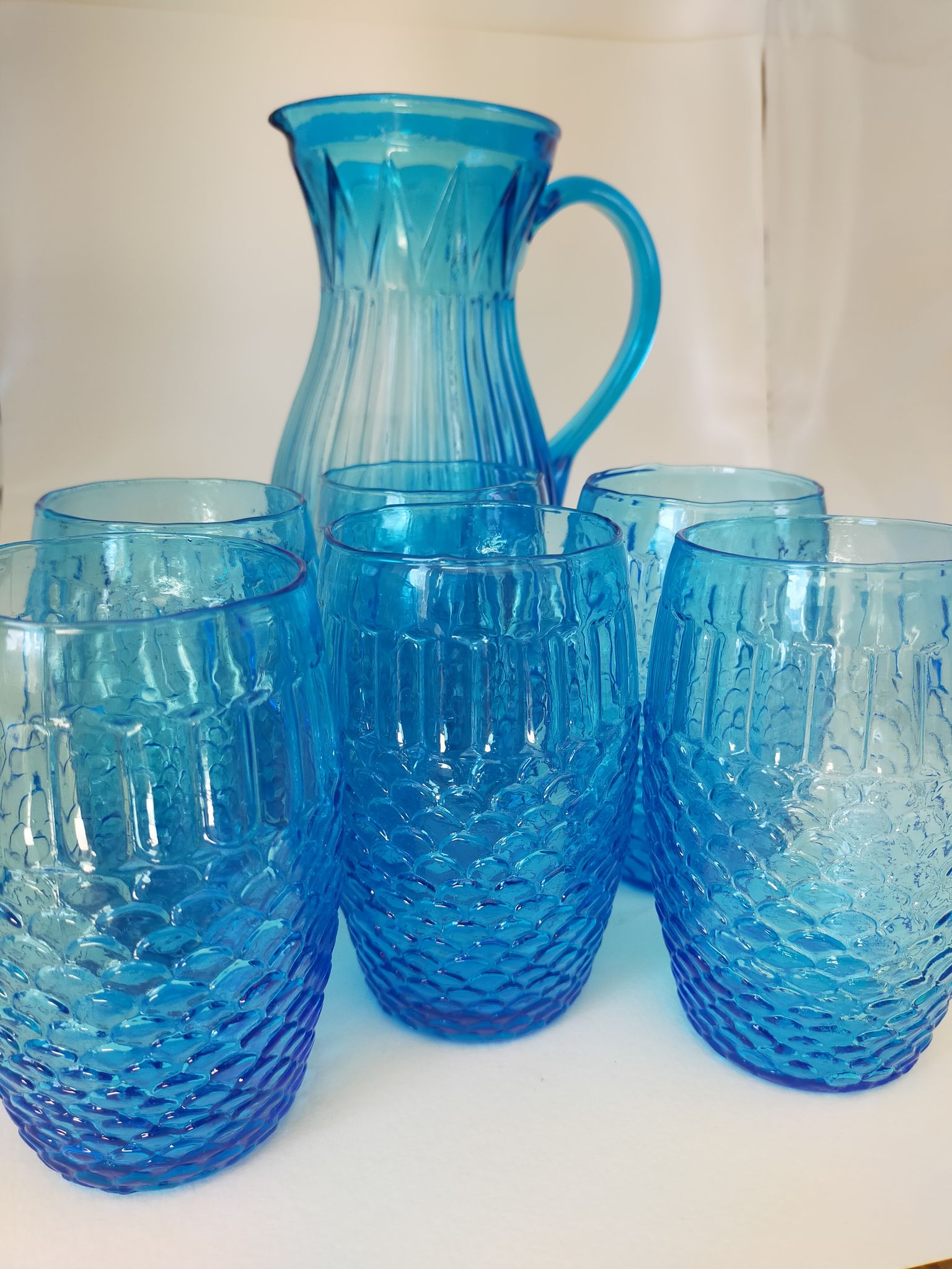 Vintage Art Deco blue molded glass orangeade set, pitcher and 6 glasses