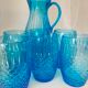 Vintage Art Deco blue molded glass orangeade set, pitcher and 6 glasses