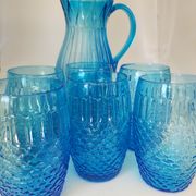 Vintage Art Deco blue molded glass orangeade set, pitcher and 6 glasses
