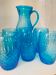 Vintage Art Deco blue molded glass orangeade set, pitcher and 6 glasses