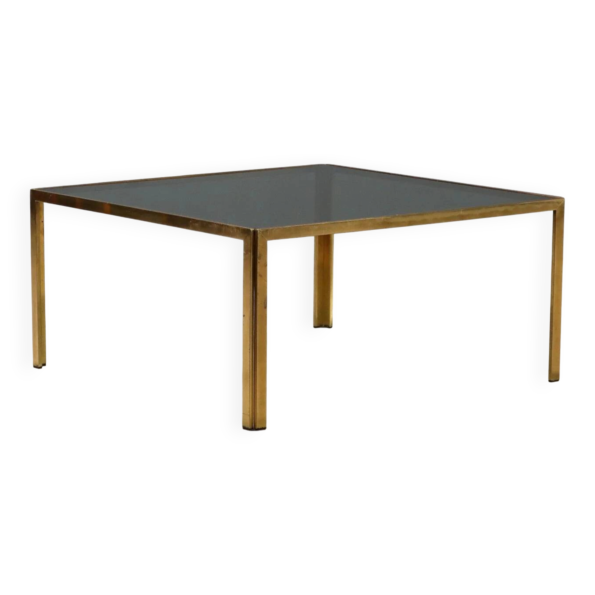 Vintage coffee table in brass and smoked glass, 1970s design.