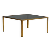 Vintage coffee table in brass and smoked glass, 1970s design.