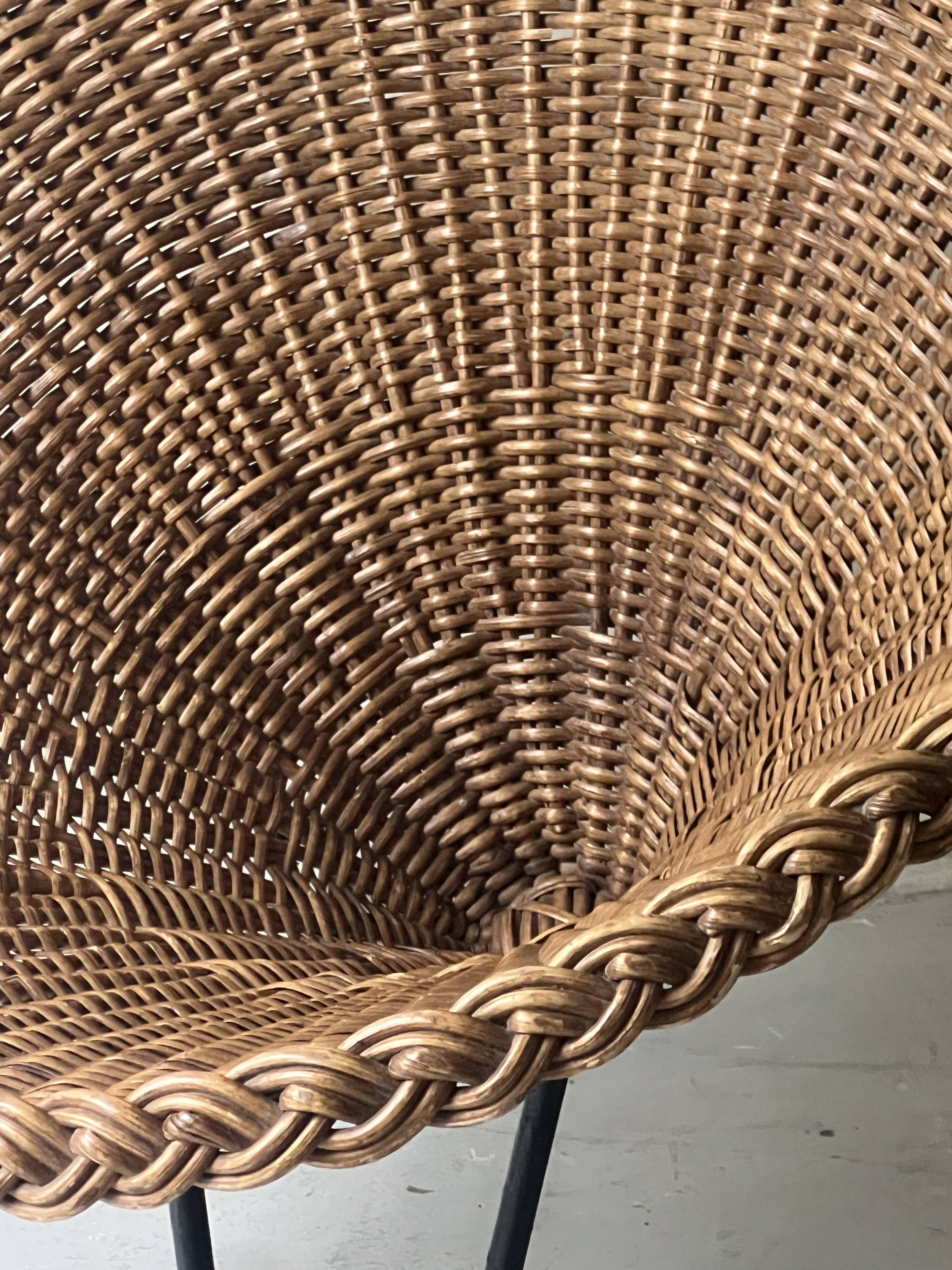 Italian sunflowers armchair in rattan and black metal, 1950s design.