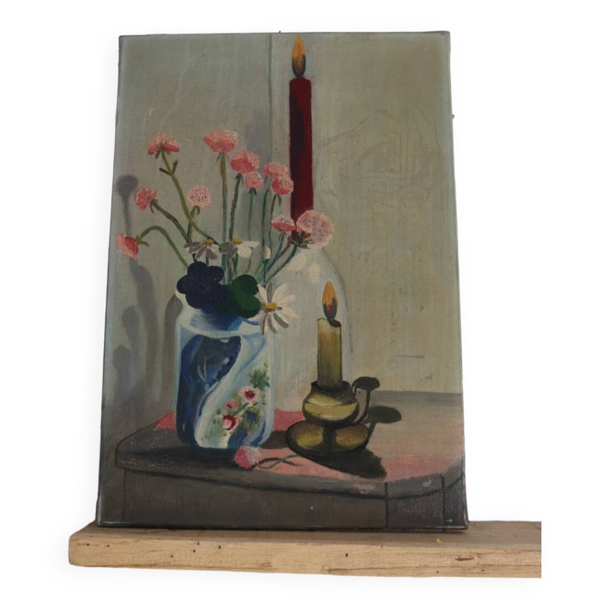Tableau Huile sur toile bouquet de fleurs et bougies vintage