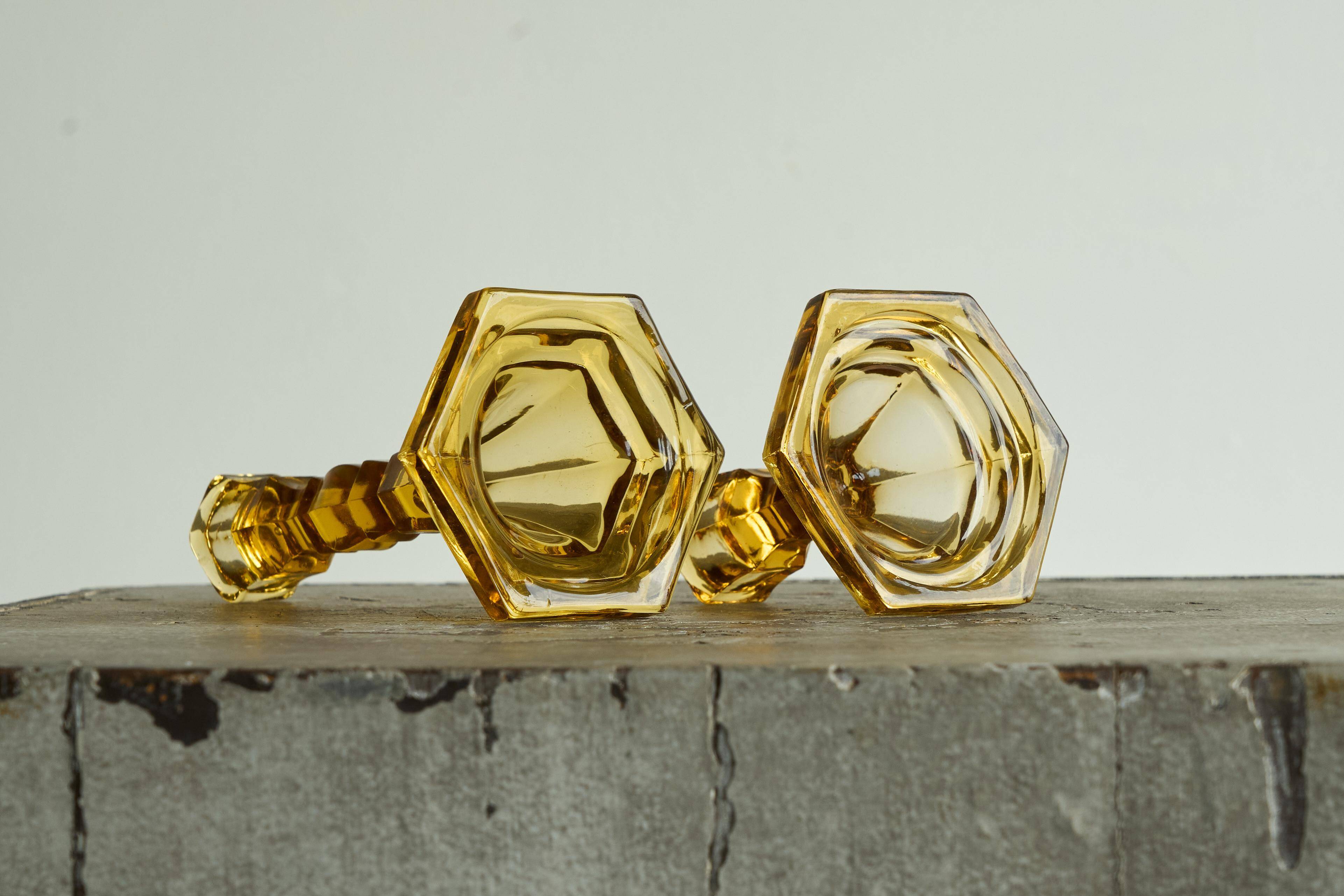 Pair of Art Deco candlesticks in pressed glass from the 1930s.