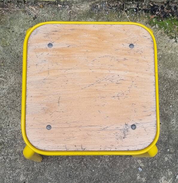 Industrial stool, square, yellow. wood and metal, vintage