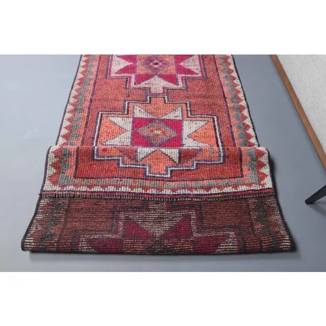 Vintage Turkish Oushak Handmade Wool Cotton Red Runner 87x336