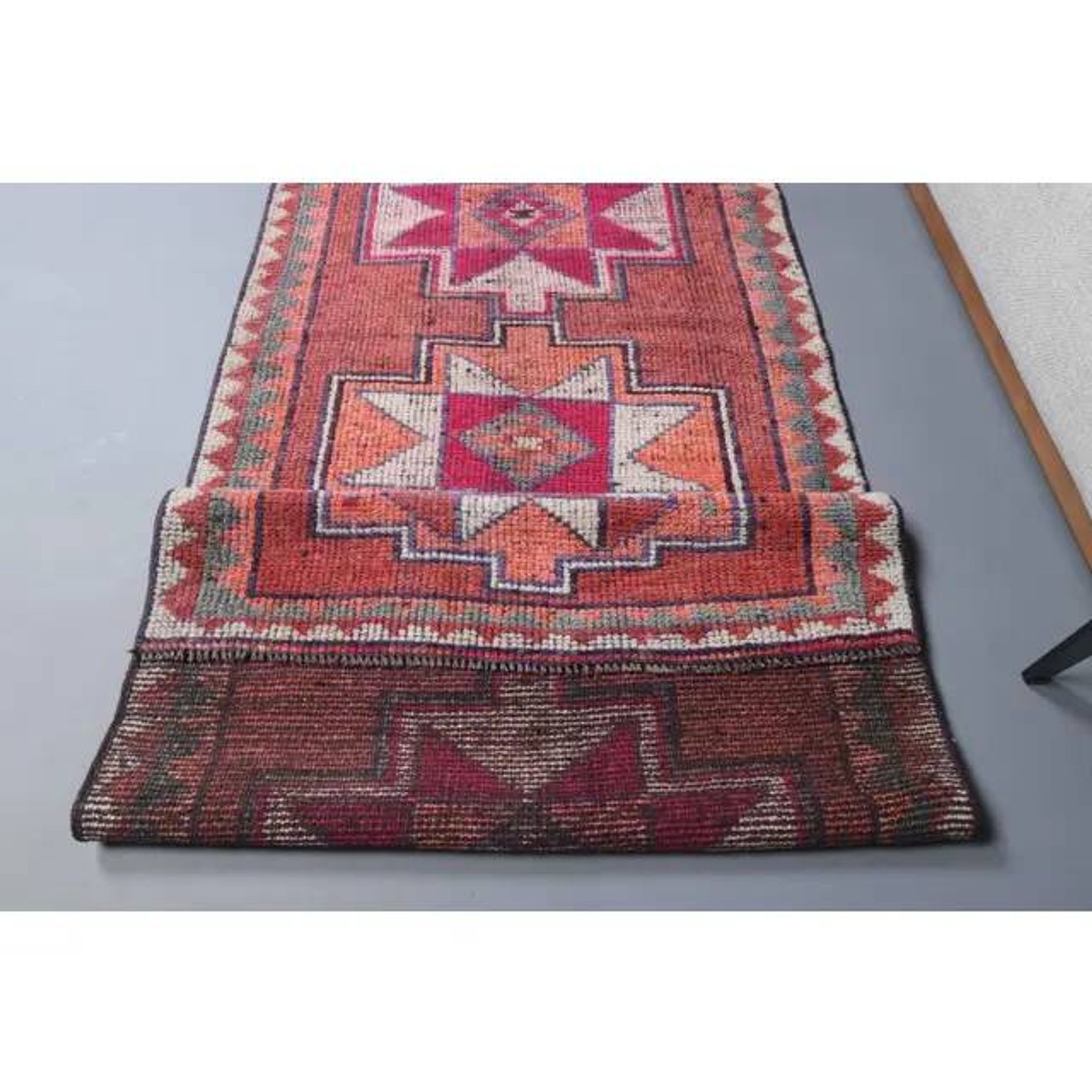 Vintage Turkish Oushak Handmade Wool Cotton Red Runner 87x336