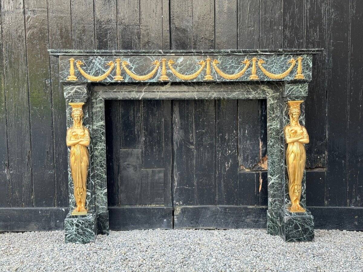 Empire style fireplace in antique green marble and gilded bronzes circa 1880