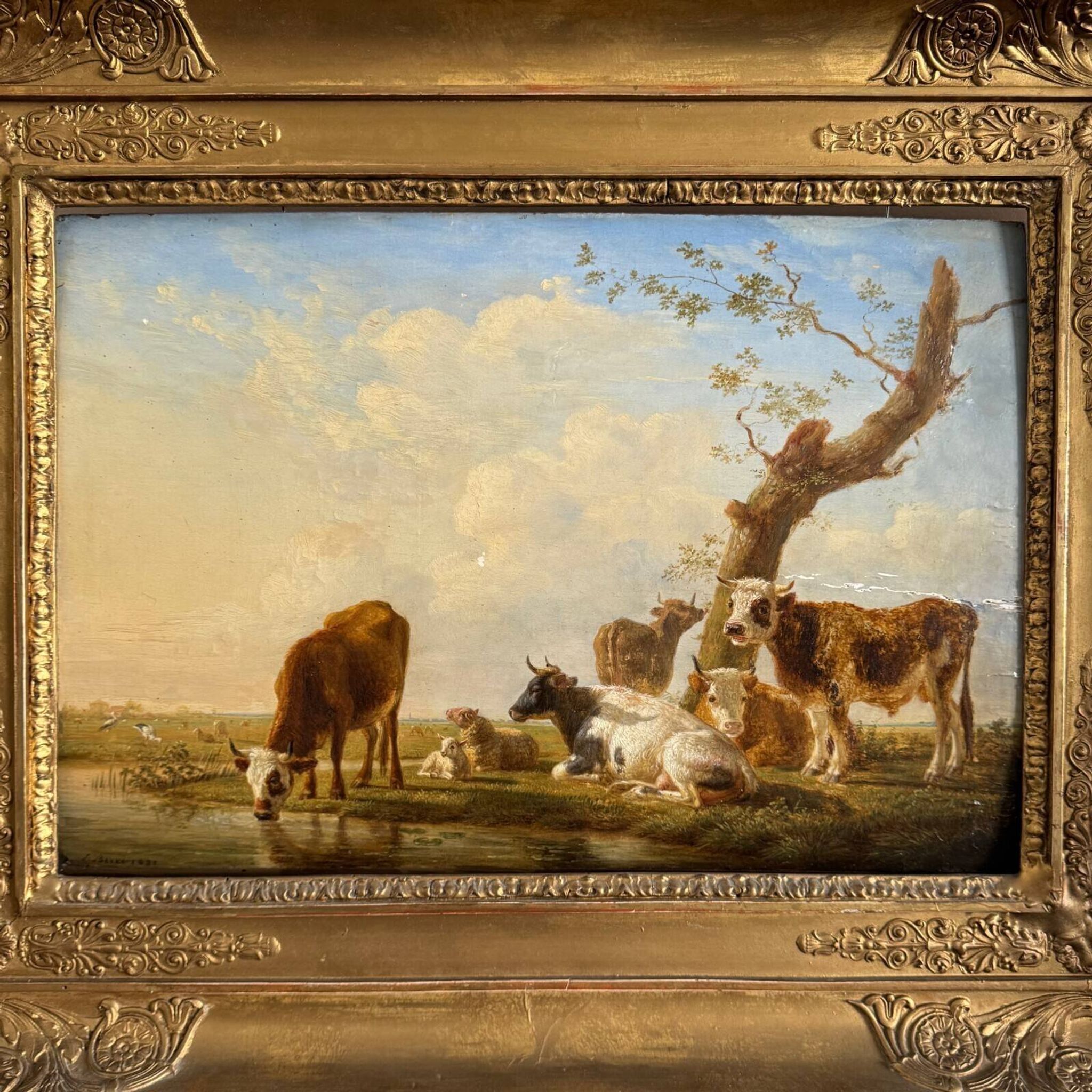 Oil on panel cows drinking by Jean-Baptiste Berré 1830