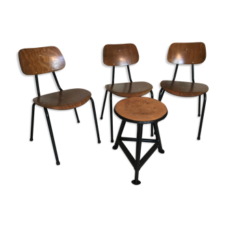 Set de 3 chaises et 1 tabouret vintage type écolier bois et métal