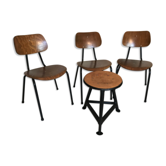 Set of 3 chairs and 1 vintage school stool type wood and metal