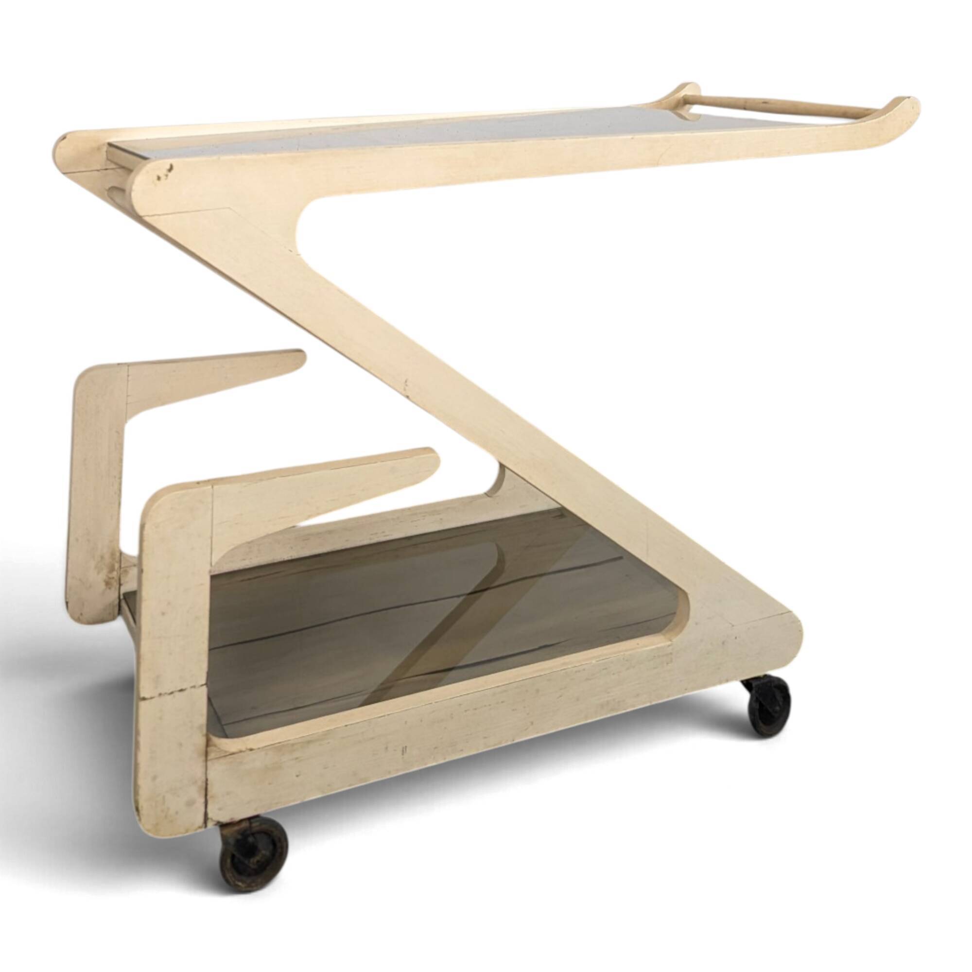 White lacquered Z-shaped rolling dessert trolley with smoked glass from the 1970s.