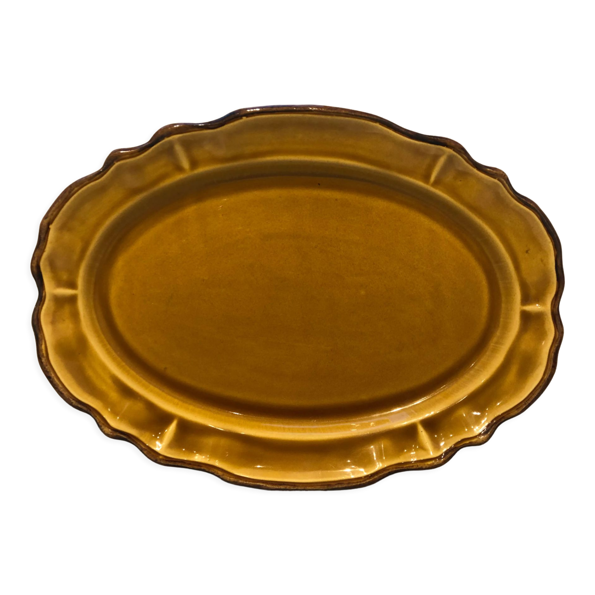 Oval dish caramel color chocolate brown edging signed faience haute provence made in France