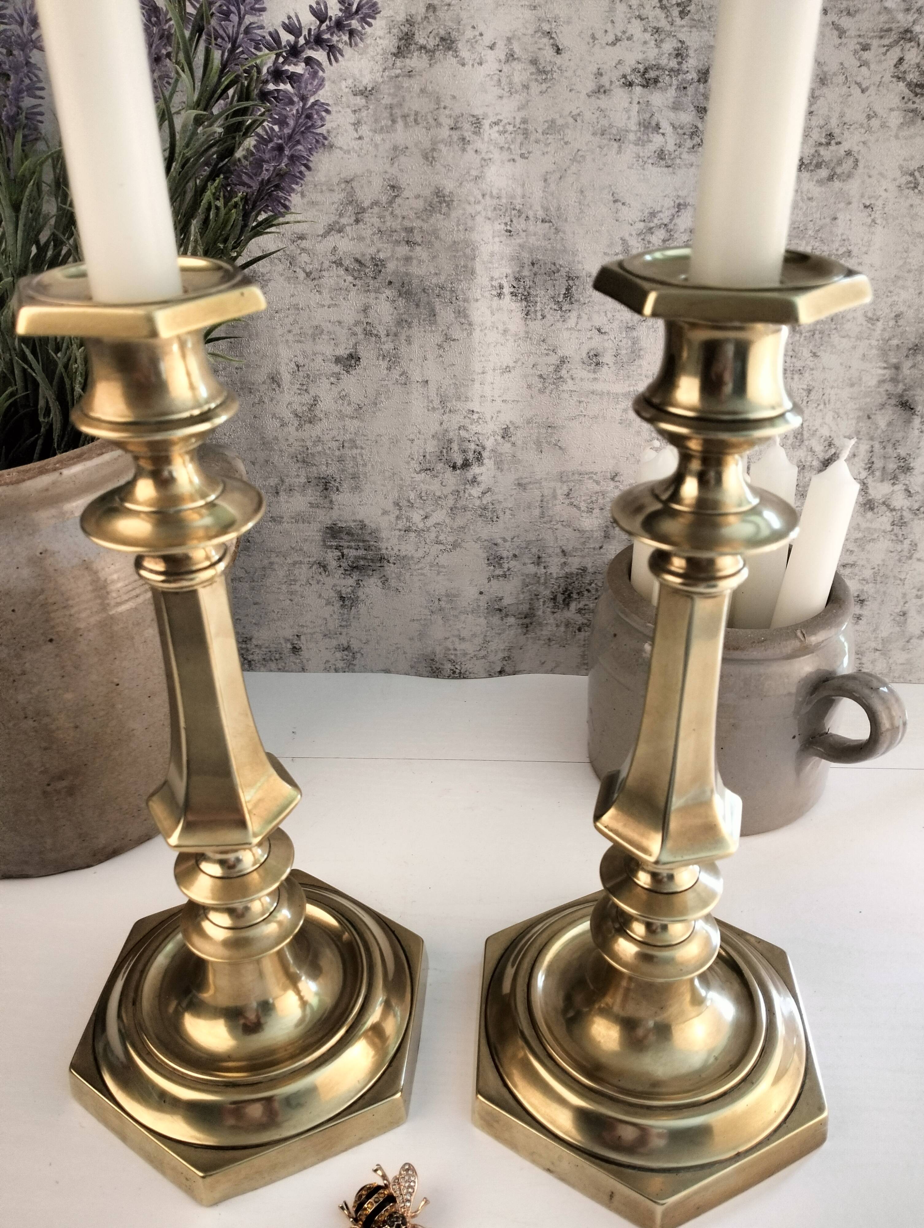 Charming Pair of Victorian Brass Candlesticks with Octagonal Bases - Matching Antique Candle Holders
