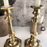 Charming Pair of Victorian Brass Candlesticks with Octagonal Bases - Matching Antique Candle Holders