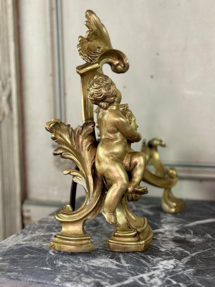 Paire de chenêts en bronze ciselé et doré d'après un modèle de Jacques Caffieri, Paris XIXème