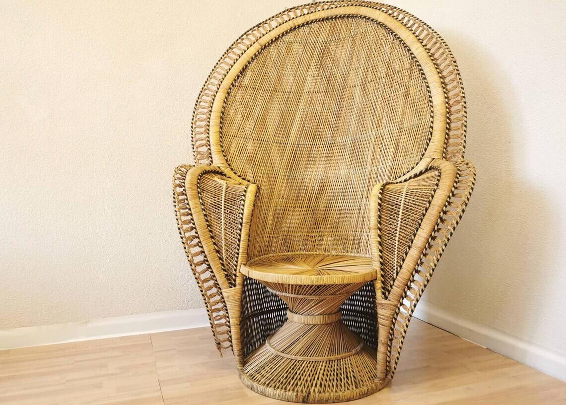 Vintage Peacock Cobra Chair / 1970s  King Rattan Chair in Emmanuelle Style