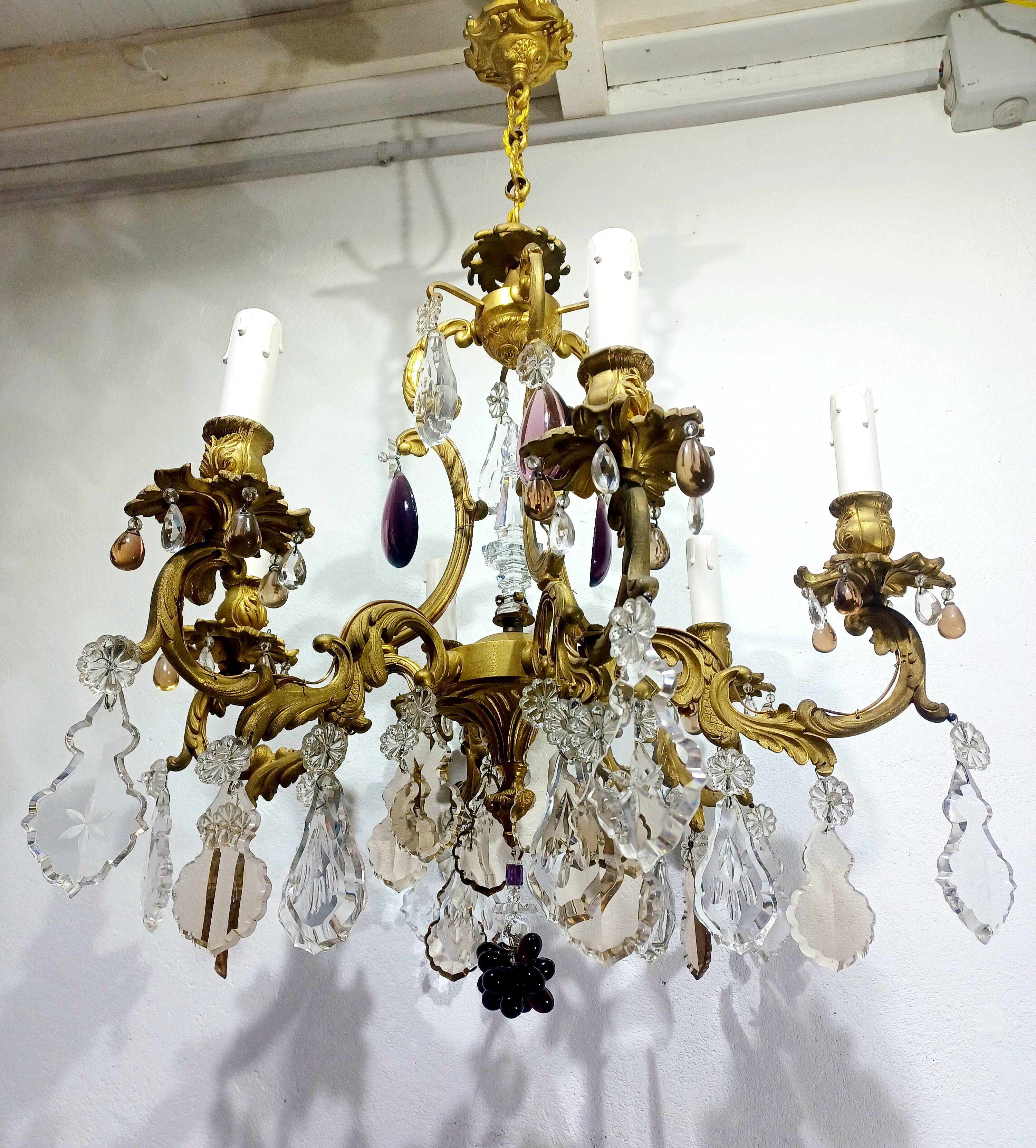 6-light bronze and crystal chandelier