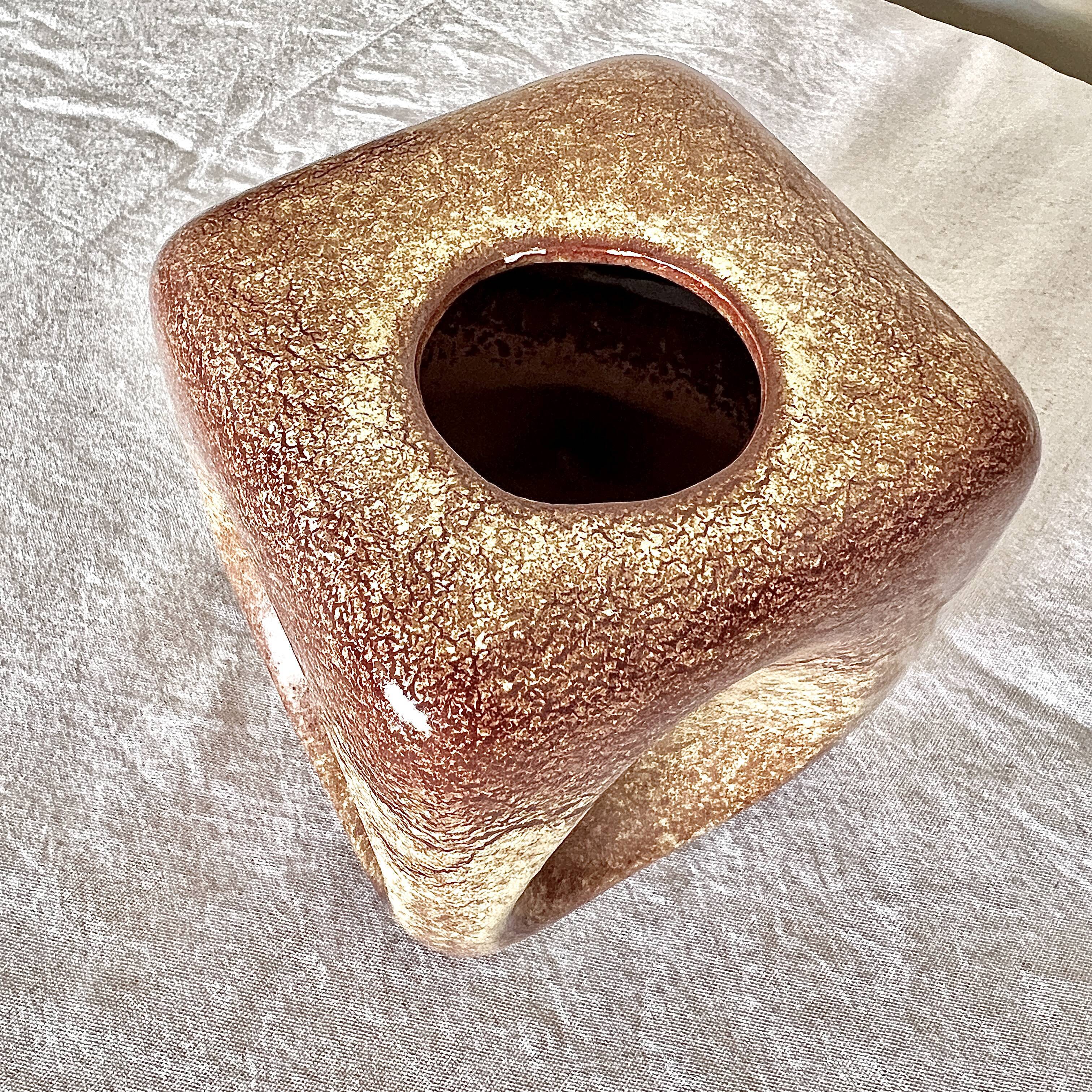 Bertoncello ,,screziato tabacco" glaze, cube vase italian vintage mid century from the 1970's by rob