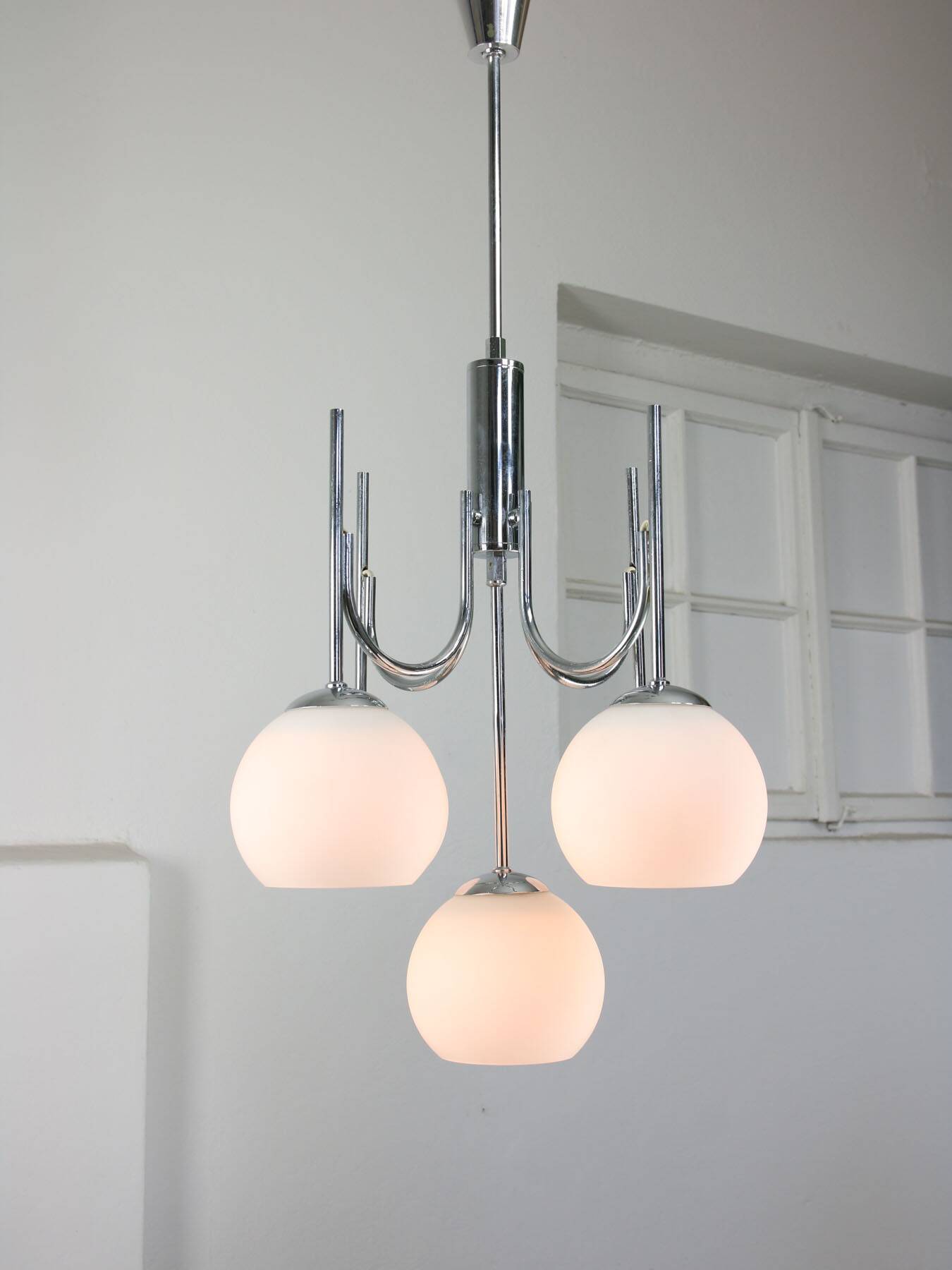 Vintage Italian Chrome and Opaline Chandelier, 1970s