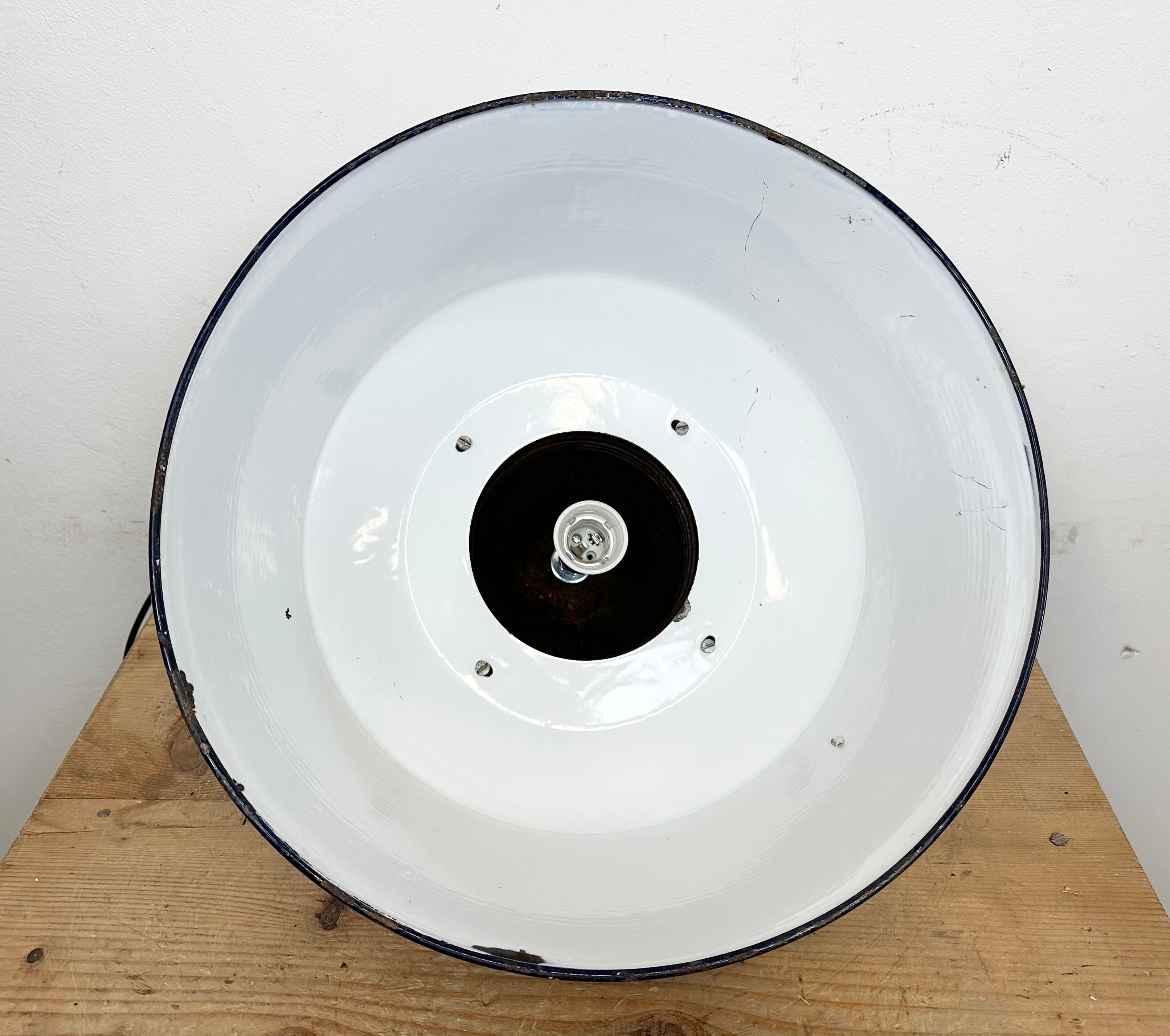 Industrial White Enamel and Cast Iron Pendant Light, 1960s