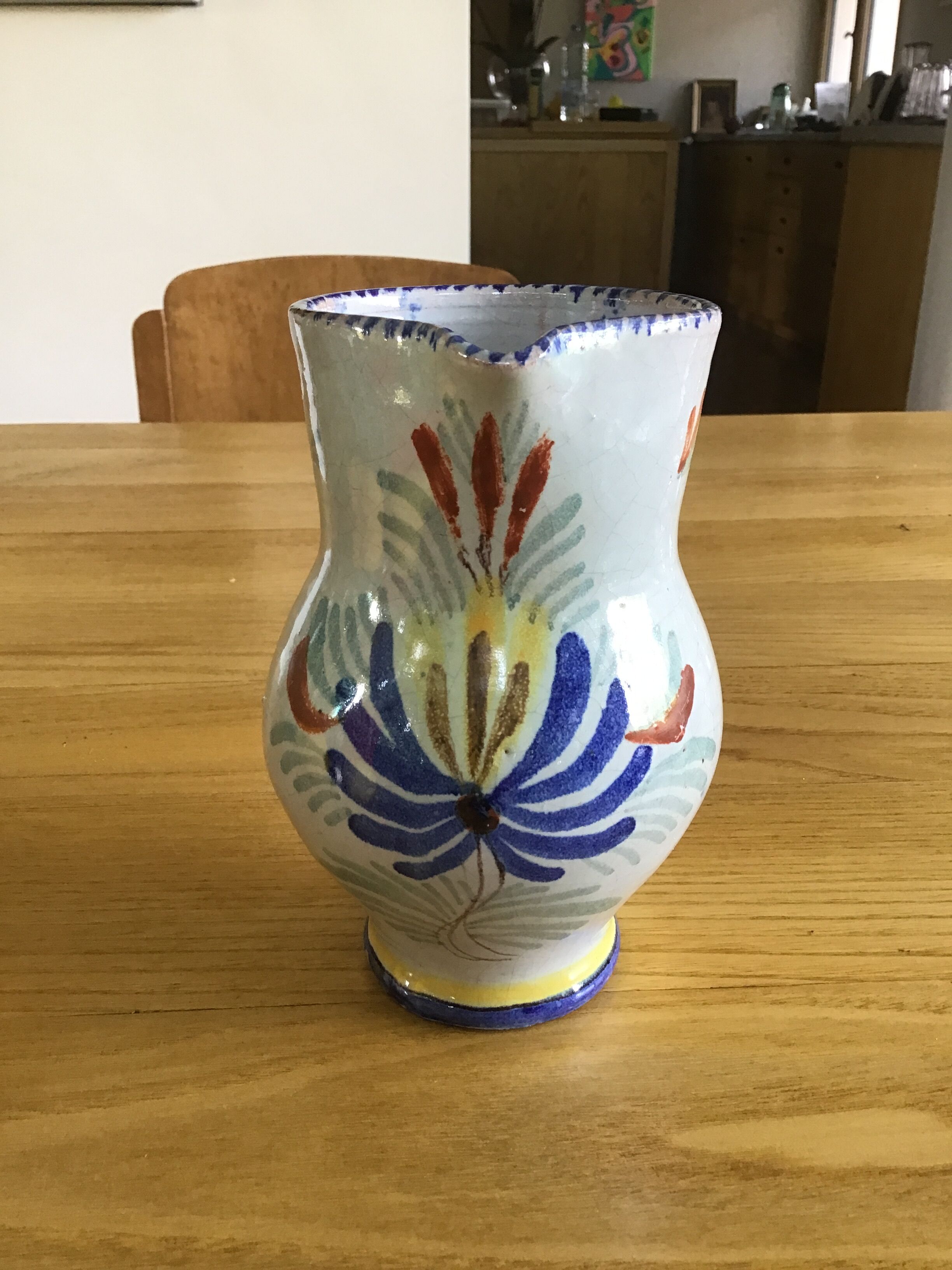 Earthenware pitcher with blue decor