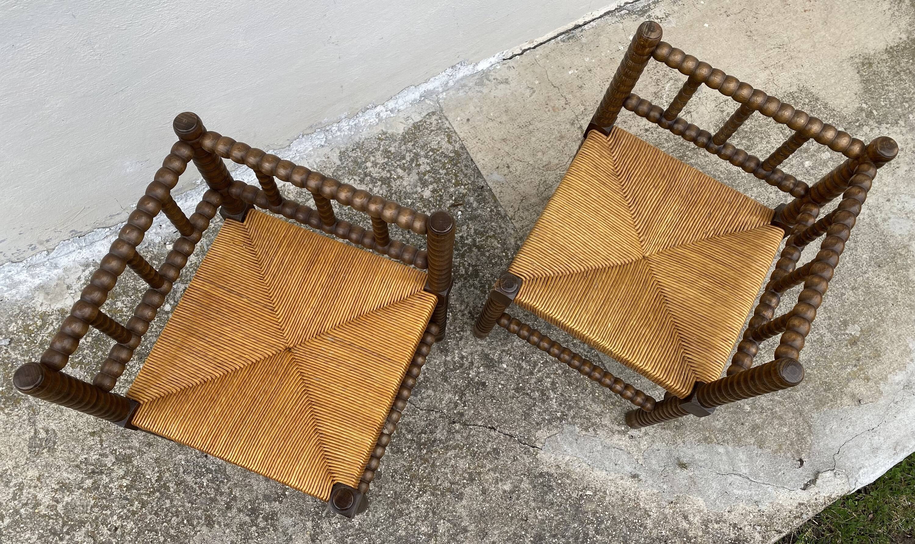 Pair of turned wood straw corner armchairs, Vintage 1950s