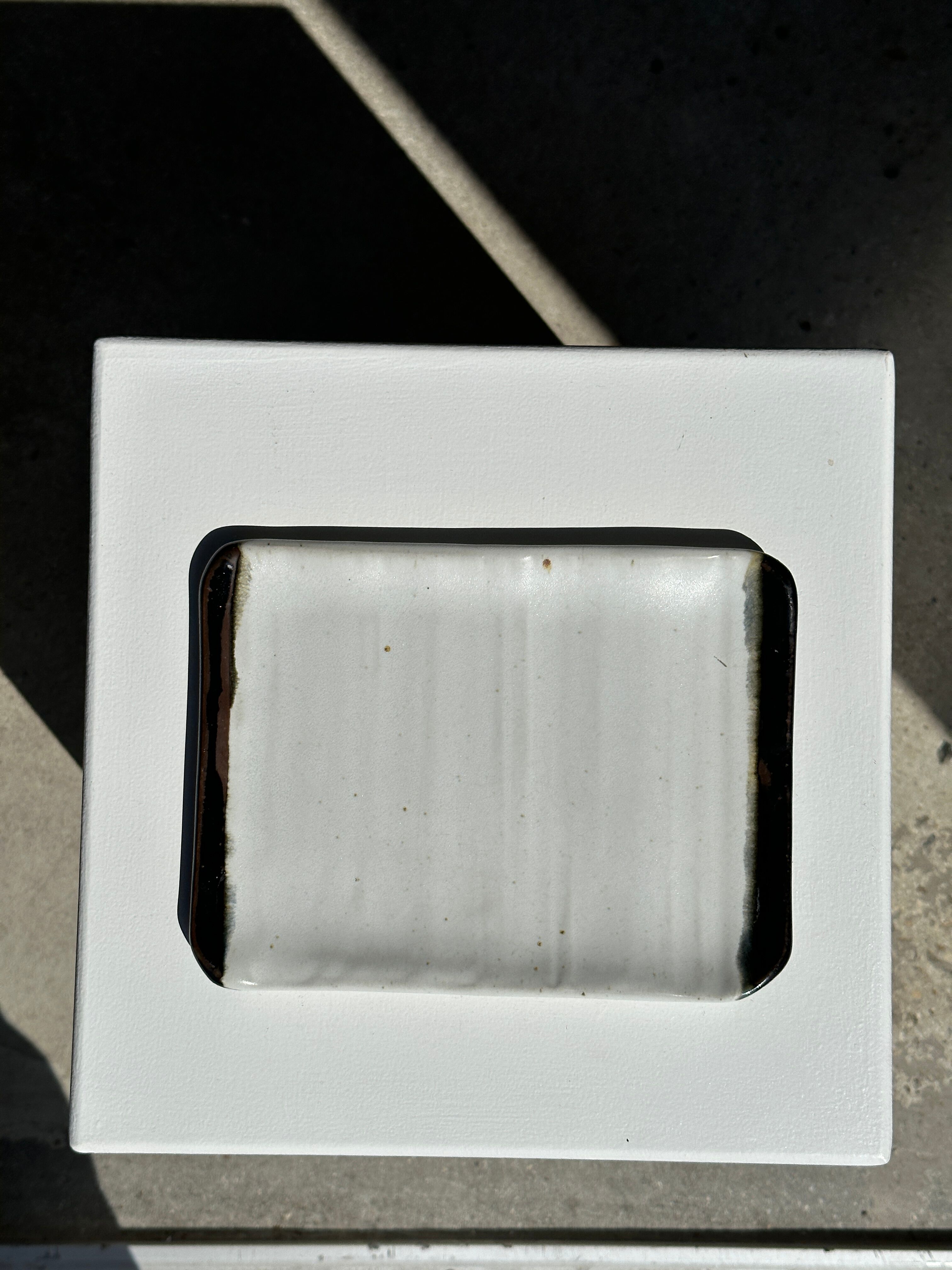 Trio of small rectangular serving dishes white and black Indonesian ceramic 21x16