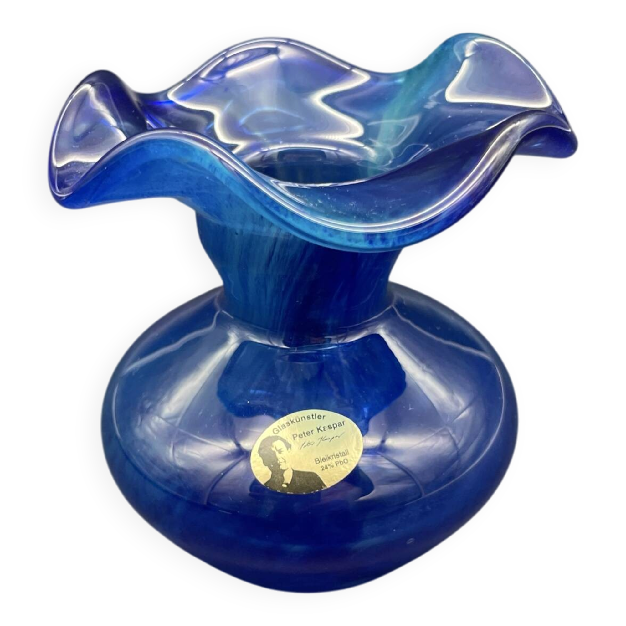 Vase Peter Kaspar en cristal bleu 24 % PbO à bord ondulé