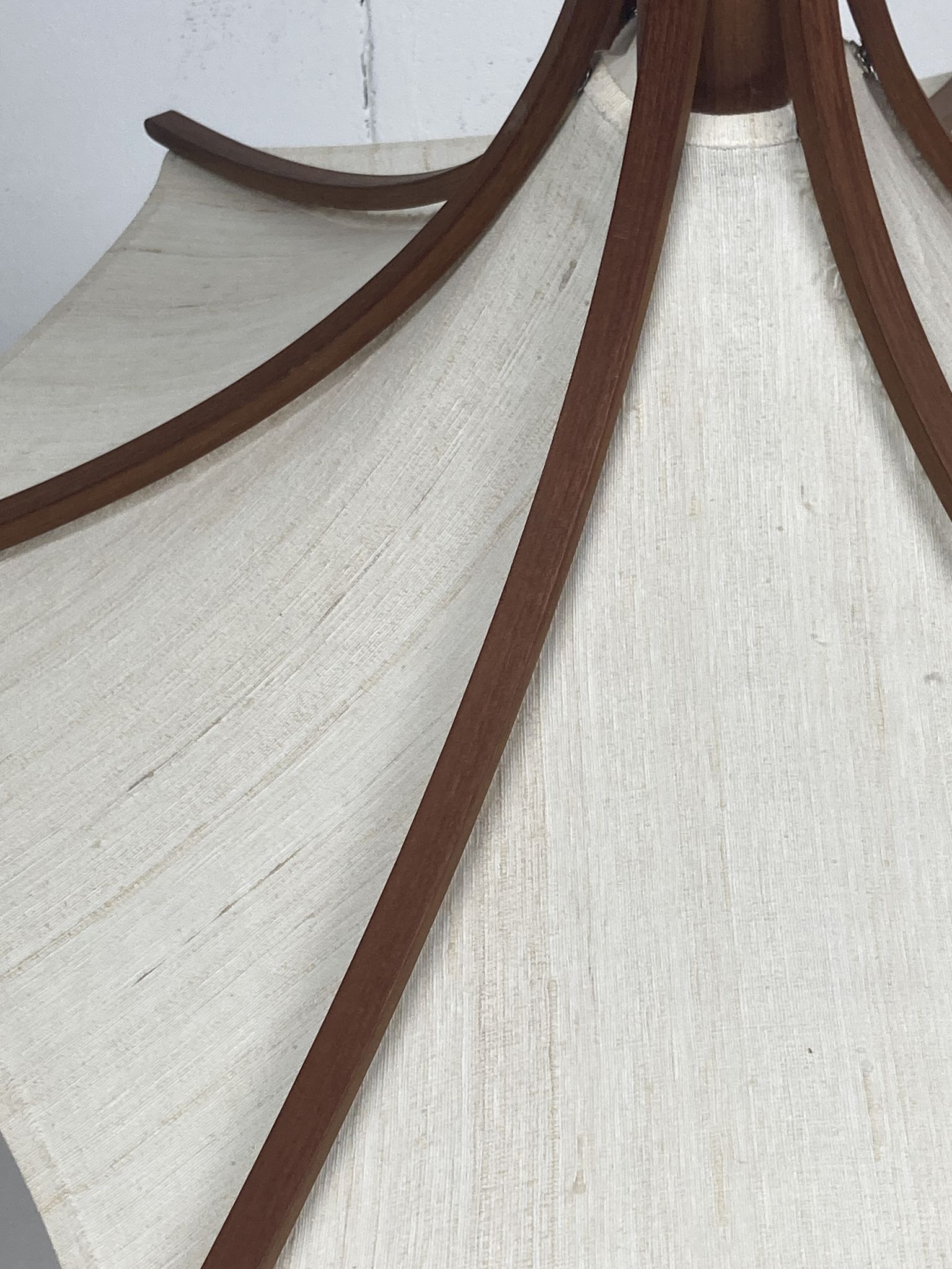 Teak and linen umbrella counter balance pendant by Domus, 1970s