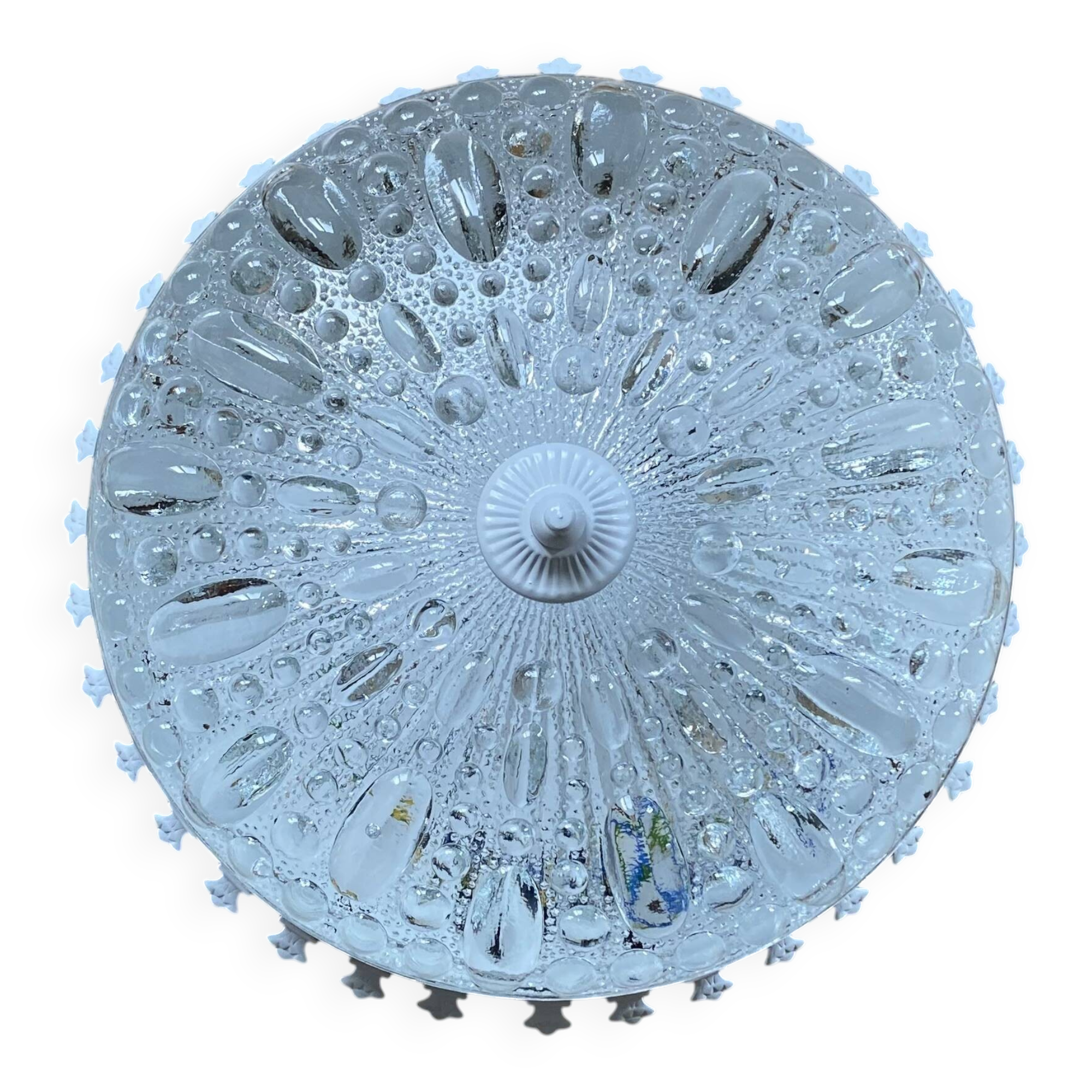 Antique ceiling light with transparent glass and white metal.