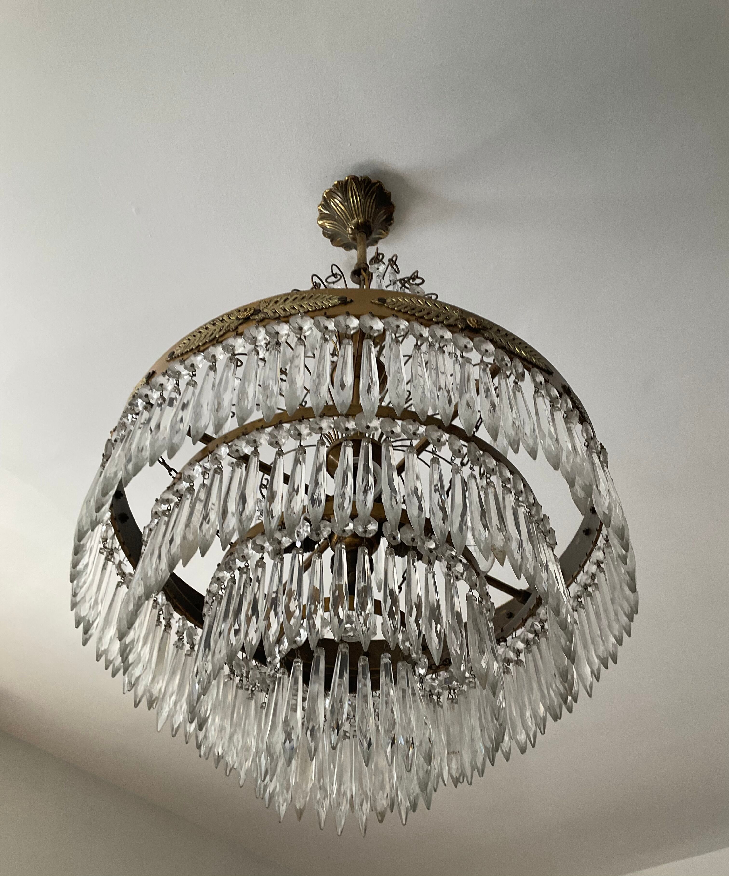 Old Crystal Grapevine Waterfall Chandelier and Solid Bronze Frame