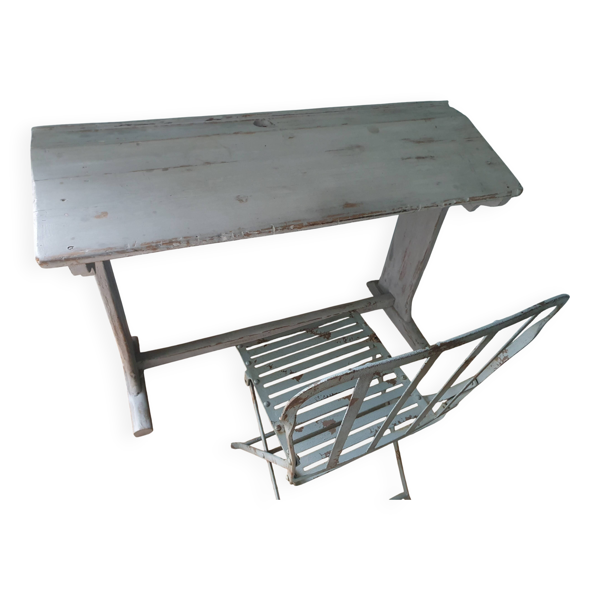 Antique school desk in soft gray patina + metal chair