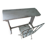 Antique school desk in soft gray patina + metal chair